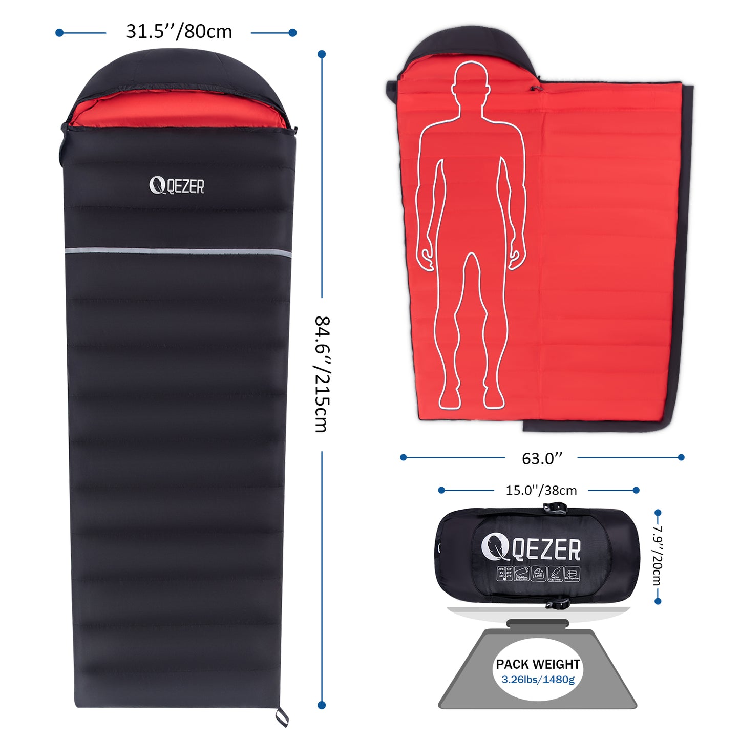 QEZER(QDE-800) Down Sleeping Bag for Adults 10°F 17°F 26°F 32°F 600 Fill Power Down Sleeping Bag