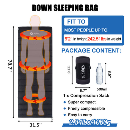 QEZER(B500) Down Sleeping Bag For Adults, 32 Degree F Premium Duck Down Sleeping Blanket for Hiking,Camping and Backpacking