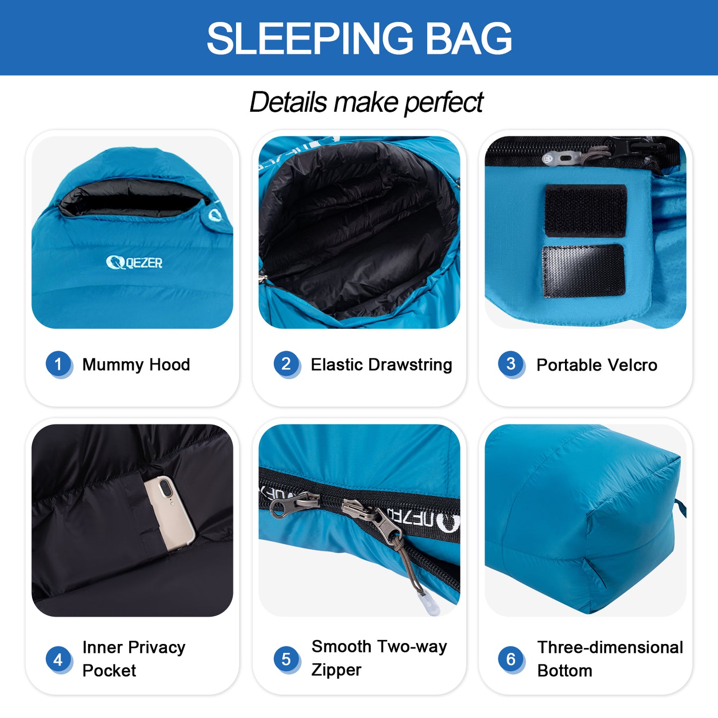 QEZER(QDM-1000) Down Sleeping Bag for Adults 0°F 10°F 15°F 20°F 32°F Backpacking Sleeping Bag