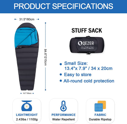 QEZER(QDM-500) Down Sleeping Bag for Kids and Adults Above 32 degree F  Ultralight Backpacking Sleeping Bag