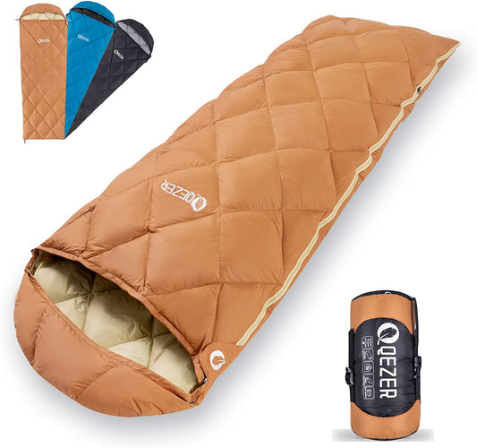 QEZER(380g) Down Sleeping Bag for Adults 40-60℉(5°C~15°C) Duck Down for Camping,Hiking and Backpacking