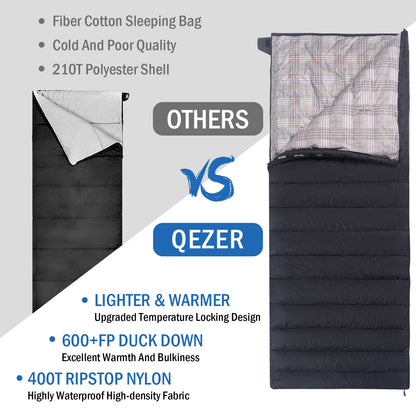 QEZER(B500) Down Sleeping Bag For Adults, 32 Degree F Premium Duck Down Sleeping Blanket for Hiking,Camping and Backpacking
